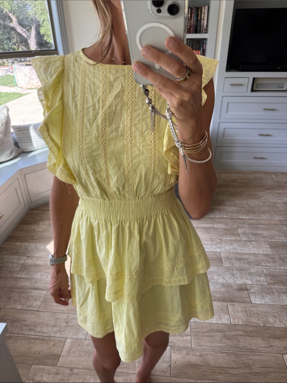 Chelsea & Violet Pale Yellow Eyelet Ruffle Mini Dress